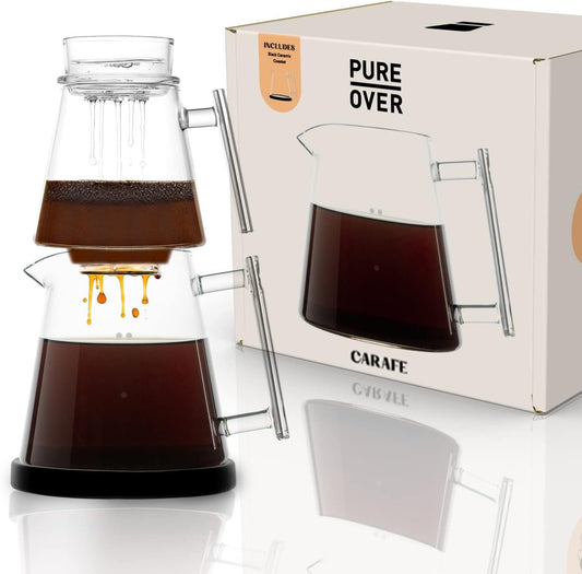 Pure Over Brew Kit XL - Glass Pour Over Coffee Maker Kit - 6 Piece Set with Carafe - Pour Over Coffee Dripper w/Built-In Paperless Reusable Glass Filter - Made of Borosilicate Glass
