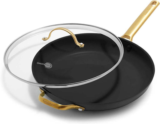 GreenPan Reserve Hard Anodized Healthy Ceramic Nonstick 12" Frying Pan Skillet with Helper Handle and Lid, Gold Handle, PFAS-Free, Dishwasher Safe, Oven Safe