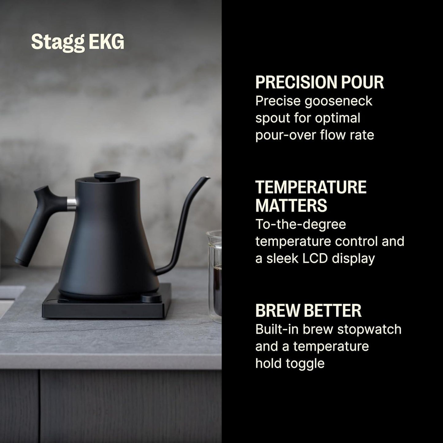Fellow Stagg EKG Electric Gooseneck Kettle - Pour-Over Coffee and Tea Kettle - Stainless Steel Kettle Water Boiler - Quick Heating Electric Kettles for Boiling Water